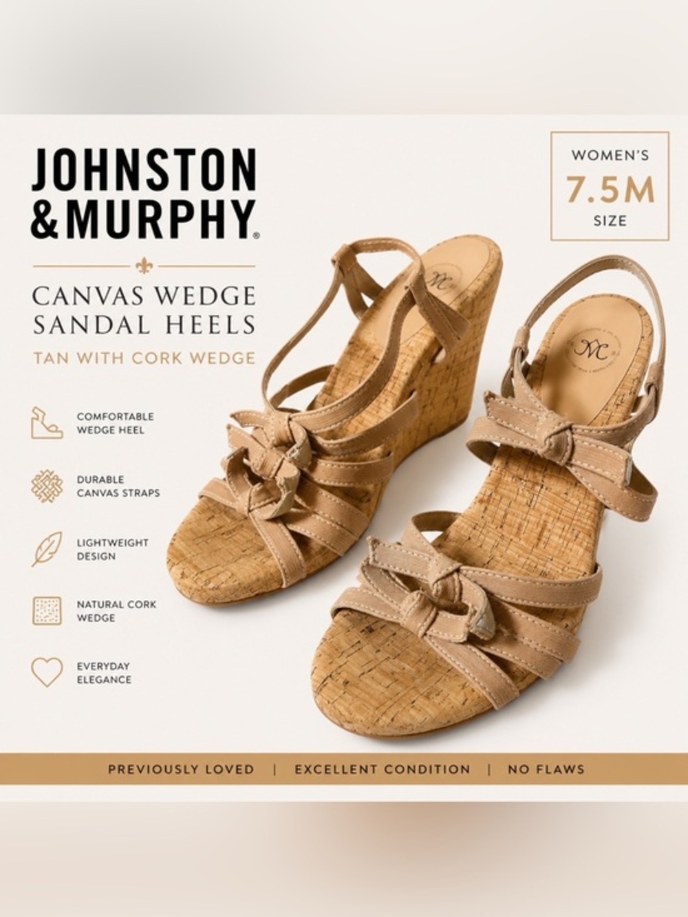 Johnston & Murphy Tan Canvas Cork Wedge Sandals Women’s Size 7.5M Slingback Heel